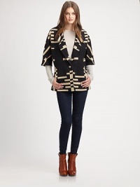 A signature boho-chic motif on rich blended wool styled in a shapely cropped blazer.Notched-collarDropped shouldersButton frontElbow sleevesSlash pocketsAbout 28 from shoulder to hem82% wool/18% cottonFully linedDry cleanMade in USAModel shown is 5'10 (177cm) wearing US size Small. A signature boho-chic motif on rich blended wool styled in a shapely cropped blazer.Notched-collarDropped shouldersButton frontElbow sleevesSlash pocketsAbout 28 from shoulder to hem82% wool/18% cottonFully linedDry cleanMade in USAModel shown is 5'10 (177cm) wearing US size Small.