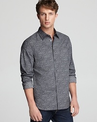 Spruce up your night-on-the-town wardrobe with a handsome paisley print shirt tailored with a modern slim fit. Spruce up your night-on-the-town wardrobe with a handsome paisley print shirt tailored with a modern slim fit.