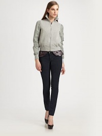 A sweet, silky ruffle peeks out from the hemline of this sleek bomber style.Stand collarZip frontSleeve zipper pocketSide pocketsRib-knit cuffs and hemHemline ruffleAbout 25 from shoulder to hemBody: 65% cotton/19% acrylic/11% wool/5% nylonSleeves: polyesterRuffle: cuproDry cleanImportedModel shown is 5'10 (177cm) wearing US size Small. A sweet, silky ruffle peeks out from the hemline of this sleek bomber style.Stand collarZip frontSleeve zipper pocketSide pocketsRib-knit cuffs and hemHemline ruffleAbout 25 from shoulder to hemBody: 65% cotton/19% acrylic/11% wool/5% nylonSleeves: polyesterRuffle: cuproDry cleanImportedModel shown is 5'10 (177cm) wearing US size Small.