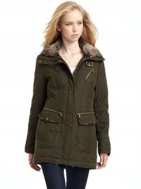 THE LOOKNotched collar with removable rabbit fur collarFront zip closureDual snap flap pocketsAdjustable drawstring at hemTHE FITAbout 30 from shoulder to hemTHE MATERIALCottonFill: 80% down/20% waterfowl feathersCARE & ORIGINDry cleanImportedFur origin: China Model shown is 5'10 (177cm) wearing US size 4. THE LOOKNotched collar with removable rabbit fur collarFront zip closureDual snap flap pocketsAdjustable drawstring at hemTHE FITAbout 30 from shoulder to hemTHE MATERIALCottonFill: 80% down/20% waterfowl feathersCARE & ORIGINDry cleanImportedFur origin: China Model shown is 5'10 (177cm) wearing US size 4.