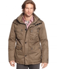 Bundle up and stay warm in this handsome military field inspired parka by BOSS Orange. Bundle up and stay warm in this handsome military field inspired parka by BOSS Orange.