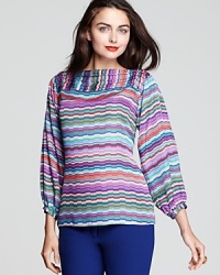 In a wildly colorful palette, Shoshanna's printed Aliza blouse takes center stage. In a wildly colorful palette, Shoshanna's printed Aliza blouse takes center stage.