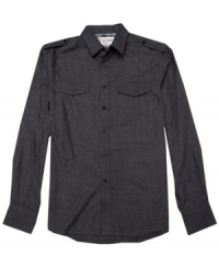 An edgy embroidered design decorates the back of this handsome button down by No Retreat. An edgy embroidered design decorates the back of this handsome button down by No Retreat.