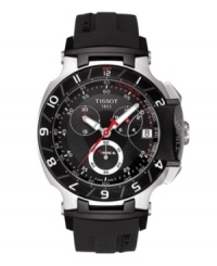 Inspired by the world of moto-racing, this T-Race Moto GP watch by Tissot blends eye-catching bike details with speedy precision. Crafted of black rubber strap and round black PVD stainless steel case with black bezel featuring white hour numerals. Black chronograph dial features white minute track, tachymeter scale, date window at three o'clock, luminous hands and red second hand, three subdials and logo. Swiss quartz movement. Water resistant to 100 meters. Two-year limited warranty. Inspired by the world of moto-racing, this T-Race Moto GP watch by Tissot blends eye-catching bike details with speedy precision. Crafted of black rubber strap and round black PVD stainless steel case with black bezel featuring white hour numerals. Black chronograph dial features white minute track, tachymeter scale, date window at three o'clock, luminous hands and red second hand, three subdials and logo. Swiss quartz movement. Water resistant to 100 meters. Two-year limited warranty.