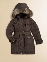 Winter warmth from her head to her knees, shaped for style as well as comfort, with a fox fur-trimmed hood and a self-belt at the waist.Snap-off fox fur-trimmed hoodStand collarFront zip closeFront storm flapSelf-belt waistBuckle tabs at cuffsSnap-flap front pocketsBack snap storm flapFully linedWhite goose down/White goose featherPolyester with leather trimDry cleanImportedFur origin: Finland Winter warmth from her head to her knees, shaped for style as well as comfort, with a fox fur-trimmed hood and a self-belt at the waist.Snap-off fox fur-trimmed hoodStand collarFront zip closeFront storm flapSelf-belt waistBuckle tabs at cuffsSnap-flap front pocketsBack snap storm flapFully linedWhite goose down/White goose featherPolyester with leather trimDry cleanImportedFur origin: Finland