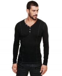Cut a striking look with this henley shirt from Marc Ecko Cut & Sew. Cut a striking look with this henley shirt from Marc Ecko Cut & Sew.