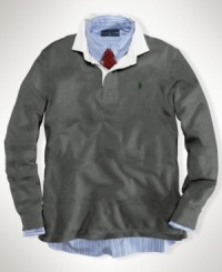 Smooth on the outside with a soft, fuzzy interior, our classic long-sleeved rugby is cut for a trim, modern fit from cotton fleece. Smooth on the outside with a soft, fuzzy interior, our classic long-sleeved rugby is cut for a trim, modern fit from cotton fleece.