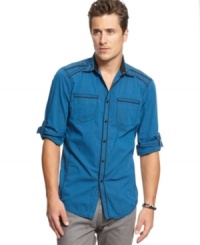 Darker trim and epaulet details give this INC International Concepts button down it's modern edge. Darker trim and epaulet details give this INC International Concepts button down it's modern edge.