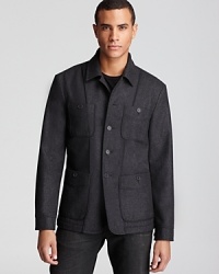 Four button patch pockets adorns the front of this whimsical design from John Varvatos USA, a handsome and casual piece for your outerwear wardrobe. Four button patch pockets adorns the front of this whimsical design from John Varvatos USA, a handsome and casual piece for your outerwear wardrobe.