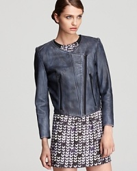 Spin your look in a tough-luxe direction with this Cut25 hand-dyed leather jacket, boasting the latest asymmetric front zip and high/low hem. Spin your look in a tough-luxe direction with this Cut25 hand-dyed leather jacket, boasting the latest asymmetric front zip and high/low hem.