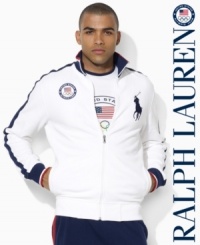 A versatile track jacket in a trim, modern fit is crafted from stretch cotton mesh with athletic stripes and country details, celebrating Team USA's participation in the 2012 Olympic Games.