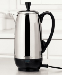 A more elegant alternative to standard coffee makers, this stainless steel percolator from Farberware has a sleek, pitcher shape. At a brewing rate of one cup per minute, this coffee pot sacrifices nothing in terms of speed for beauty. And once it has finished brewing, it will automatically switch to a safe keep warm temperature. Makes 4-12 cups. Comes with One-year limited warranty. Model #FCP412. A more elegant alternative to standard coffee makers, this stainless steel percolator from Farberware has a sleek, pitcher shape. At a brewing rate of one cup per minute, this coffee pot sacrifices nothing in terms of speed for beauty. And once it has finished brewing, it will automatically switch to a safe keep warm temperature. Makes 4-12 cups. Comes with One-year limited warranty. Model #FCP412.
