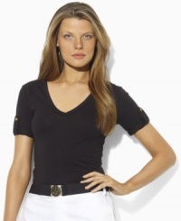Gold-tone anchor-embossed buttons lend a hint of nautical style to Lauren by Ralph Lauren's classic V-neck tee, rendered in soft cotton jersey with roll-tab sleeves for a chic, modern flourish. Gold-tone anchor-embossed buttons lend a hint of nautical style to Lauren by Ralph Lauren's classic V-neck tee, rendered in soft cotton jersey with roll-tab sleeves for a chic, modern flourish.