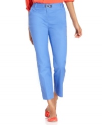 These slimming pants from Charter Club come in a variety of go-with-anything colors and feature a faux belt with hardware for an elevated touch. These slimming pants from Charter Club come in a variety of go-with-anything colors and feature a faux belt with hardware for an elevated touch.