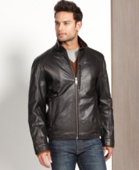 Keep your look light and luxe with this smooth leather bomber jacket from Marc New York. Keep your look light and luxe with this smooth leather bomber jacket from Marc New York.