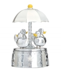 Get nesting. Four yellow-billed ducks go round and round on a musical carousel that's covered in shiny stars, glistening in silver plate and utterly adorable for a baby's bedroom. A cute gift from Reed & Barton. Get nesting. Four yellow-billed ducks go round and round on a musical carousel that's covered in shiny stars, glistening in silver plate and utterly adorable for a baby's bedroom. A cute gift from Reed & Barton.