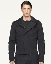 Superb craftsmanship and the perfect blend of merino wool and cotton give birth to a trim, modern outerwear staple for the gentleman who values refined comfort. Superb craftsmanship and the perfect blend of merino wool and cotton give birth to a trim, modern outerwear staple for the gentleman who values refined comfort.