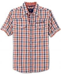 Check yourself. This sweet shirt from Guess squares off in your casual wardrobe. Check yourself. This sweet shirt from Guess squares off in your casual wardrobe.