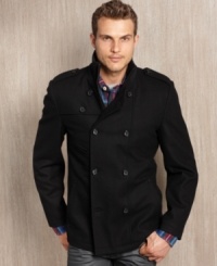 Bundle up in comfort and cool style with this double-breasted, wind-resistant pea coat from Guess. Bundle up in comfort and cool style with this double-breasted, wind-resistant pea coat from Guess.