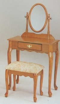Traditional Queen Anne Style Oak Finish Wood Vanity Set w/Stool & Mirror Traditional Queen Anne Style Oak Finish Wood Vanity Set w/Stool & Mirror