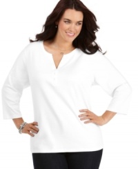 Complete your casual looks with Karen Scott's three-quarter-sleeve plus size henley top-- snag all the colors at an Everyday Value price! Complete your casual looks with Karen Scott's three-quarter-sleeve plus size henley top-- snag all the colors at an Everyday Value price!