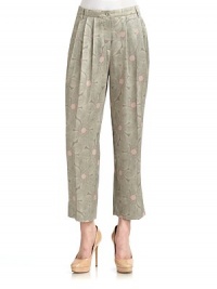 THE LOOKAllover floral printNarrow waistband with belt loops, button closure & interior button tabFront zipperPleated frontSide pocketsBack waist dartsBack button patch pocketTHE FITRise, about 13Inseam, about 27THE MATERIAL51% silk/49% rayonCARE & ORIGINDry cleanMade in Italy THE LOOKAllover floral printNarrow waistband with belt loops, button closure & interior button tabFront zipperPleated frontSide pocketsBack waist dartsBack button patch pocketTHE FITRise, about 13Inseam, about 27THE MATERIAL51% silk/49% rayonCARE & ORIGINDry cleanMade in Italy