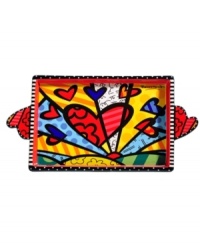 A lot to love, the Heart serving tray is shaped by the vivid colors and bold patterns of Brazilian pop artist Romero Britto. With sculpted handles. A lot to love, the Heart serving tray is shaped by the vivid colors and bold patterns of Brazilian pop artist Romero Britto. With sculpted handles.