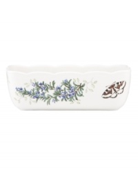 Fresh from the garden, the Butterfly Meadow Herbs loaf pan from Lenox features flowering herbs and a delicately scalloped edge in oven-safe stoneware. Fresh from the garden, the Butterfly Meadow Herbs loaf pan from Lenox features flowering herbs and a delicately scalloped edge in oven-safe stoneware.