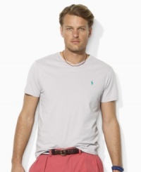 Constructed for lightweight comfort in soft combed cotton jersey, a short-sleeved V-neck T-shirt exudes iconic appeal with Ralph Lauren's signature embroidery. Constructed for lightweight comfort in soft combed cotton jersey, a short-sleeved V-neck T-shirt exudes iconic appeal with Ralph Lauren's signature embroidery.