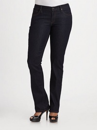 A flattering fit in dark wash denim.THE FITHigh rise Straight leg Inseam, about 34½THE DETAILSZip fly Five-pocket style 81% cotton/17%polyester/2% elastane; machine wash Made in USA of imported fabrics A flattering fit in dark wash denim.THE FITHigh rise Straight leg Inseam, about 34½THE DETAILSZip fly Five-pocket style 81% cotton/17%polyester/2% elastane; machine wash Made in USA of imported fabrics