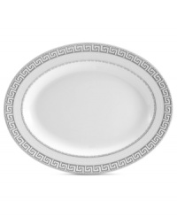 Watch a striking table take shape with the Calista oval platter from Mikasa. Geometric patterns, including a traditional Greek key motif, in sumptuous platinum lend bold style and variety to contemporary white porcelain. Watch a striking table take shape with the Calista oval platter from Mikasa. Geometric patterns, including a traditional Greek key motif, in sumptuous platinum lend bold style and variety to contemporary white porcelain.
