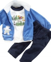 Keep him as cuddly as a bear in this adorable jacket, shirt and pants set from Nannette. Keep him as cuddly as a bear in this adorable jacket, shirt and pants set from Nannette.