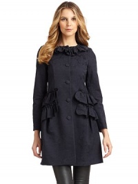 THE LOOKTonal floral designRuffled collarFront button closureLong sleevesRuffled waist accentRuffled patch pocketsBack button tab detailBack soft pleatsTHE FITAbout 35 from shoulder to hemTHE MATERIALCottonFully linedCARE & ORIGINDry cleanImportedModel shown is 5'9 (175cm) wearing US size 4. THE LOOKTonal floral designRuffled collarFront button closureLong sleevesRuffled waist accentRuffled patch pocketsBack button tab detailBack soft pleatsTHE FITAbout 35 from shoulder to hemTHE MATERIALCottonFully linedCARE & ORIGINDry cleanImportedModel shown is 5'9 (175cm) wearing US size 4.