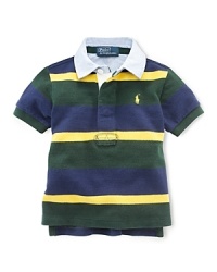 Infused with sporty heritage, a breathable cotton mesh polo takes a page from a classic rugby with a woven collar and hidden placket. Infused with sporty heritage, a breathable cotton mesh polo takes a page from a classic rugby with a woven collar and hidden placket.
