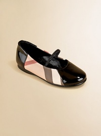 An elastic strap keeps her little feet in place in this stylish pair of patent leather flats with iconic nova check design.Slip-on with elastic strap77% PVC/23% cotton upperLeather liningSynthetic solePadded insoleImported An elastic strap keeps her little feet in place in this stylish pair of patent leather flats with iconic nova check design.Slip-on with elastic strap77% PVC/23% cotton upperLeather liningSynthetic solePadded insoleImported