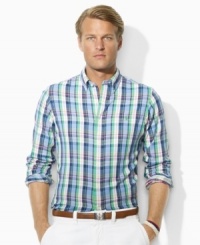 Rendered from brushed cotton twill for a soft, smooth hand, a trim-fitting sport shirt exudes preppy style in a bright plaid pattern. Rendered from brushed cotton twill for a soft, smooth hand, a trim-fitting sport shirt exudes preppy style in a bright plaid pattern.