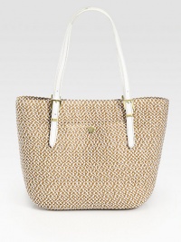 Soft woven straw design with leather straps, roomy enough to store all your essentials.Leather adjustable shoulder straps, 7½-10 dropTop zip closureOne outside open pocketProtective metal feetOne inside zip pocketTwo inside open pocketsCotton lining13¼W X 9¾H X 6D80% polypropylene/15% calfskin/5% polyesterImported Soft woven straw design with leather straps, roomy enough to store all your essentials.Leather adjustable shoulder straps, 7½-10 dropTop zip closureOne outside open pocketProtective metal feetOne inside zip pocketTwo inside open pocketsCotton lining13¼W X 9¾H X 6D80% polypropylene/15% calfskin/5% polyesterImported