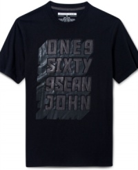 This graphic print Sean John tee has a cool modern style. This graphic print Sean John tee has a cool modern style.