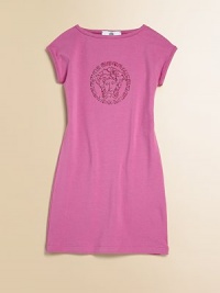 A classic A-line frock gets a fancy update with a glittering logo embellishment.Wide necklineShort sleevesPullover styleLogo embellishmentA-line96% cotton/4% polyesterMachine washImported A classic A-line frock gets a fancy update with a glittering logo embellishment.Wide necklineShort sleevesPullover styleLogo embellishmentA-line96% cotton/4% polyesterMachine washImported