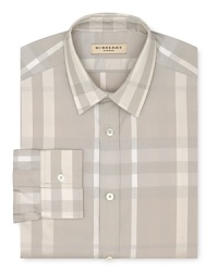 A broad check pattern blending tonal hues distinguishes this handsome dress shirt from Burberry. A broad check pattern blending tonal hues distinguishes this handsome dress shirt from Burberry.