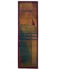 A long runner that is ideal for hallways and entryways. Radiating an abstract beauty, this rug features overlapping planes with a triple stripe accent cutting across the composition. Soft greens, blues, golds and reds blend into each other with a soft luminosity, framed with a rich crimson border. A long runner that is ideal for hallways and entryways. Radiating an abstract beauty, this rug features overlapping planes with a triple stripe accent cutting across the composition. Soft greens, blues, golds and reds blend into each other with a soft luminosity, framed with a rich crimson border.