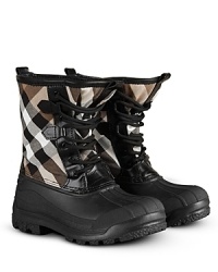 Burberry's stylish all-weather boot keeps it classic, with a molded shell toe and knit upper sporting Burberry's signature check print. Burberry's stylish all-weather boot keeps it classic, with a molded shell toe and knit upper sporting Burberry's signature check print.