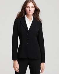 A smart, three-button silhouette lends polish to this tailored T Tahari jacket. A smart, three-button silhouette lends polish to this tailored T Tahari jacket.