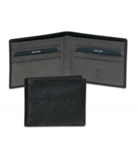 Elegant and slim bi-fold wallet by Dopp contains a chip to prevent items from being scanned. Elegant and slim bi-fold wallet by Dopp contains a chip to prevent items from being scanned.