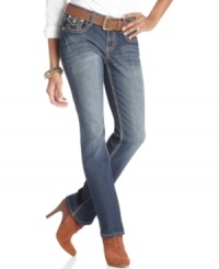 Flaunt a dash of flash with Earl Jeans' petite bootcut jeans, featuring rhinestone pockets. Flaunt a dash of flash with Earl Jeans' petite bootcut jeans, featuring rhinestone pockets.