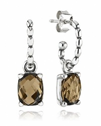 Faceted smokey quartz stones dangle from sterling silver beaded hoops, earning these PANDORA earrings jewelry box best in show. Faceted smokey quartz stones dangle from sterling silver beaded hoops, earning these PANDORA earrings jewelry box best in show.
