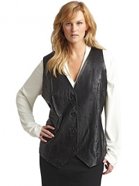 THE LOOKV-neckTonal studs on the frontButton frontSleevelessDual knit insets at backAdjustable back strapUneven pointed hemTHE FITAbout 31 from shoulder to hemTHE MATERIALLeatherTrim: 72% viscose/24% nylon/4% elastaneFully linedCARE & ORIGINDry clean by leather specialistImported THE LOOKV-neckTonal studs on the frontButton frontSleevelessDual knit insets at backAdjustable back strapUneven pointed hemTHE FITAbout 31 from shoulder to hemTHE MATERIALLeatherTrim: 72% viscose/24% nylon/4% elastaneFully linedCARE & ORIGINDry clean by leather specialistImported