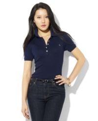 Rendered for a classic, feminine fit in smooth cotton jersey, the iconic petite Lauren by Ralph Lauren polo is finished with gleaming golden metal buttons for a glamorous touch. Rendered for a classic, feminine fit in smooth cotton jersey, the iconic petite Lauren by Ralph Lauren polo is finished with gleaming golden metal buttons for a glamorous touch.