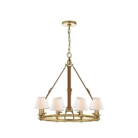 Elegantly rendered in luxurious saddle leather and brass, this modern Ralph Lauren chandelier illuminates through eight bulbs topped with textural linen shades. Elegantly rendered in luxurious saddle leather and brass, this modern Ralph Lauren chandelier illuminates through eight bulbs topped with textural linen shades.