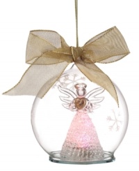 Bringing three times the cheer to your tree, this unique Lenox angel serves as ornament, light and figurine in sheer, snowflake-printed glass. Tied with gold ribbon. Bringing three times the cheer to your tree, this unique Lenox angel serves as ornament, light and figurine in sheer, snowflake-printed glass. Tied with gold ribbon.